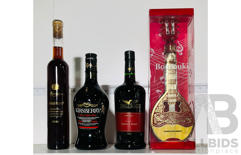 Collection of Four Bottles of Liquor From Various Brands Including Michelini Fragolino, Wolf Glass Tawny Port, Kirsberry Cherry Specialty and Bouzouki Shaped Bottle