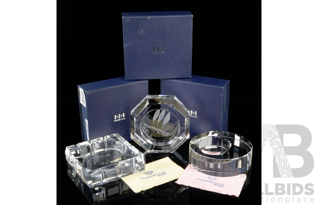 Collection Three Crystalloid Glass Ashtrays by Double One in Original Boxes