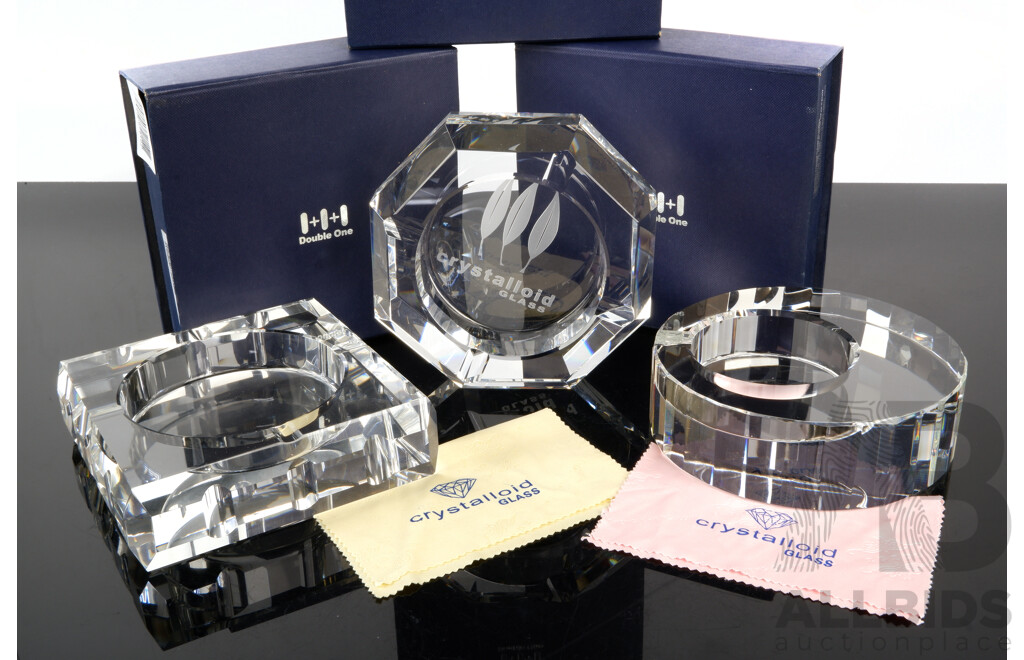 Collection Three Crystalloid Glass Ashtrays by Double One in Original Boxes