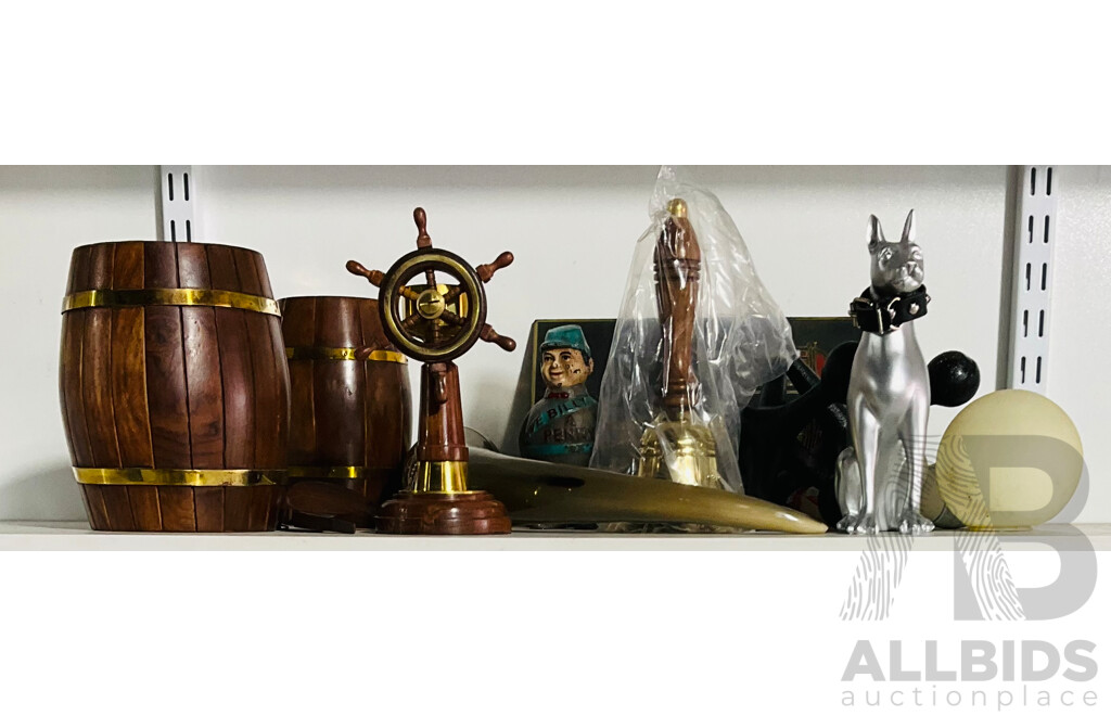 Collection of Interesting Decorative Homeware Including Compass in the Shape of a Ships Wheel, Two Barrel Shaped Money Banks, Plastic Reproduction Drinking Horn and More