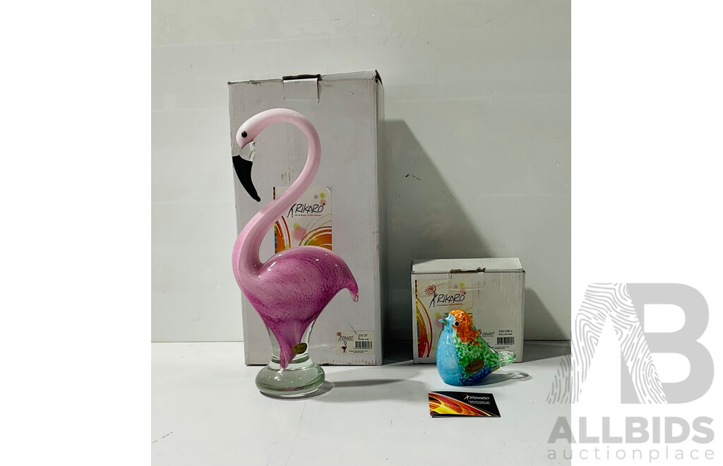 Two Rikaro Art Glass Bird Statues Including a Flamingo and a Small Multicoloured Bird with Original Boxes and Packaging