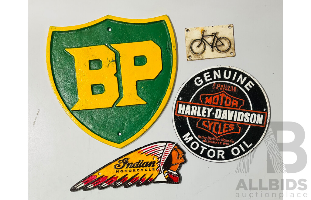 Collection of Reproduction Cast Iron Motorbike and Automobilia Wall Hangings