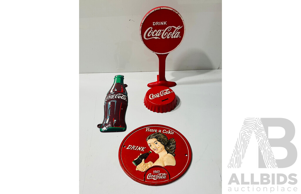 Collection of Reproduction Cast Iron Coca-cola Memorabilia Including Money Bank, Wall Decorations and Sign