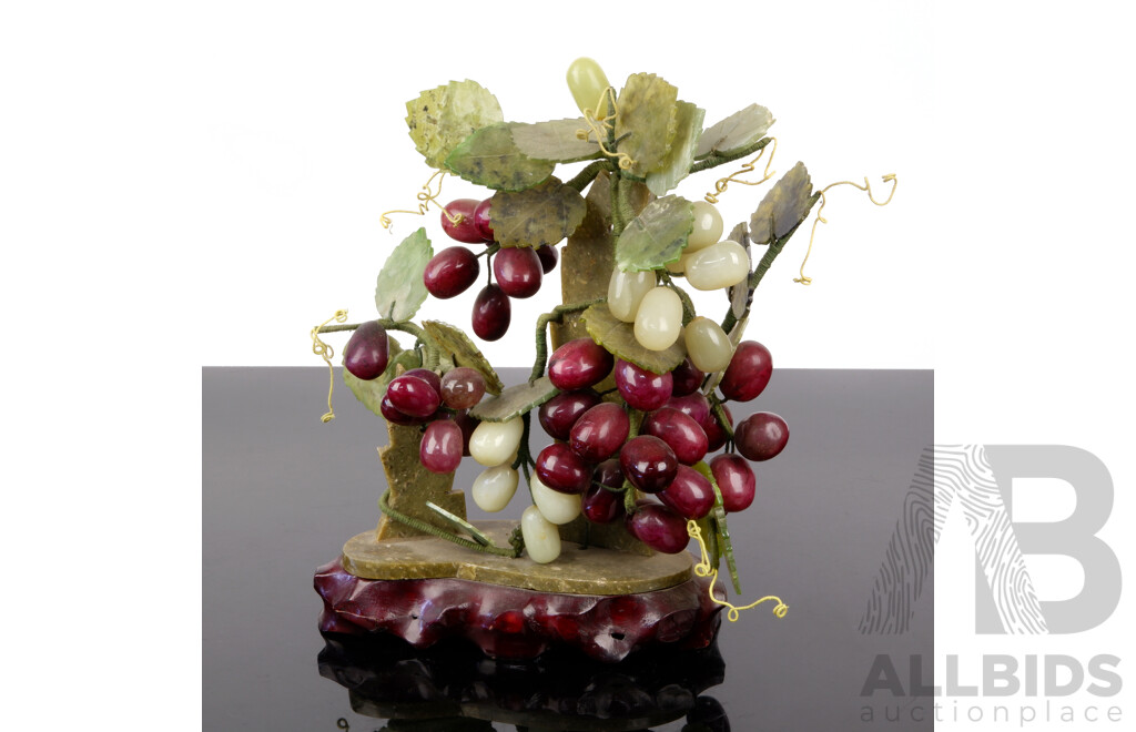 Chinese Carved Hard Stone Vine and Red & Green Grapes on Stone PIllar Mounted on Wooden Stand