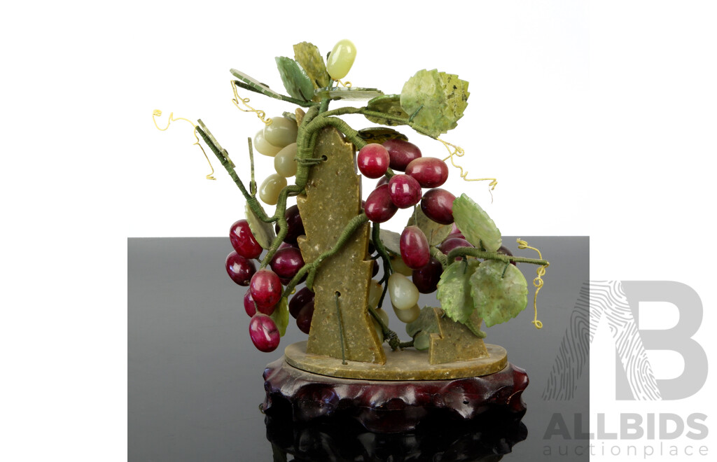 Chinese Carved Hard Stone Vine and Red & Green Grapes on Stone PIllar Mounted on Wooden Stand