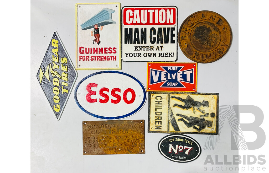 Collection of Reproduction Cast Iron Signs and Wall Decorations