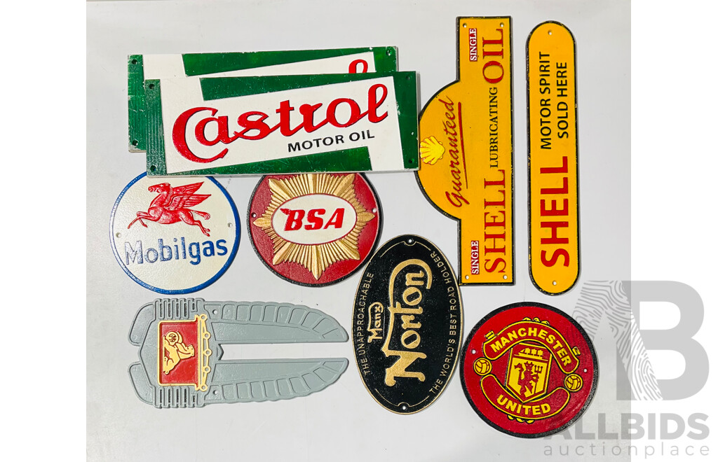 Collection of Reproduction Cast Iron Automobilia Wall Decorations and Signs Including Shell Advertisements, Castor Oil Advertisements and More