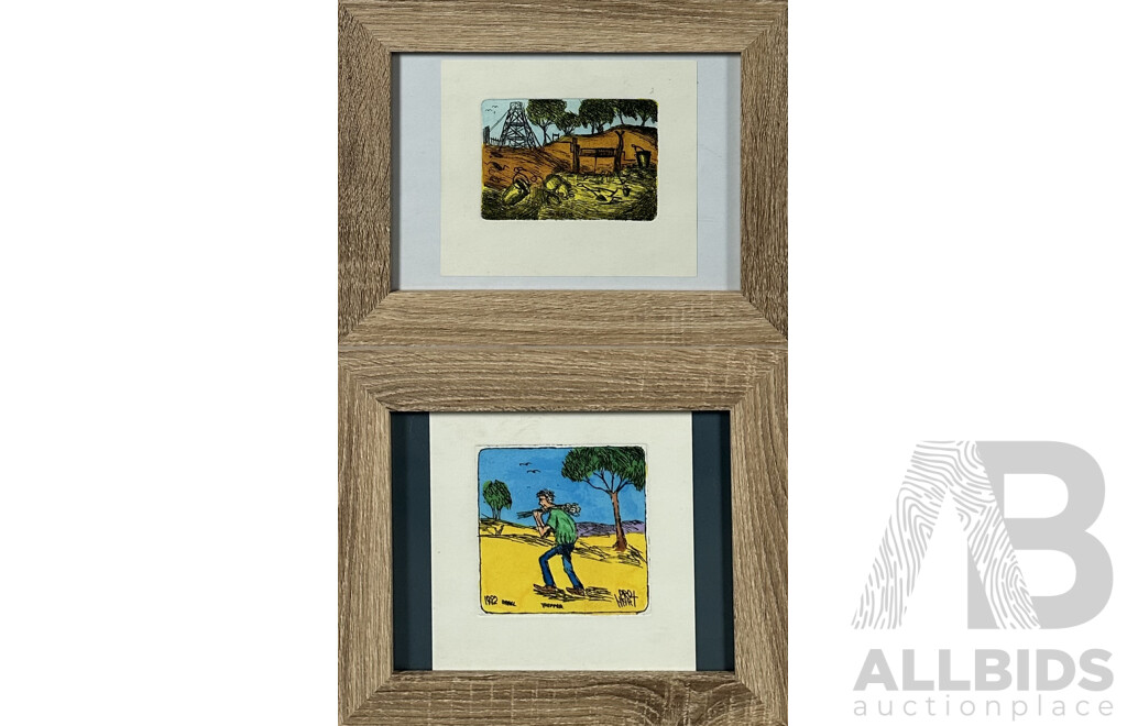 (Possibly) Attributed to Pro Hart (20th Century, Australian, 1928-2006), Abandoned Mine and The Trapper, Pair of Hand Coloured Line Etchings, 10 x 14 & 12 x 12 cms (images) (2)