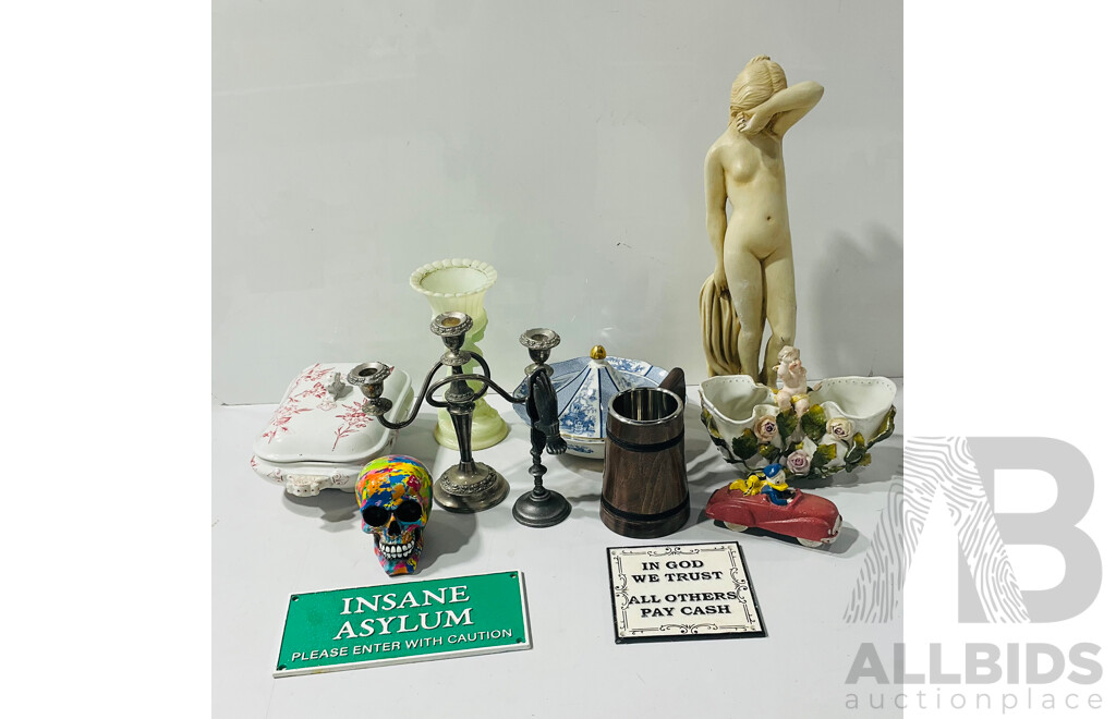 Collection of Ceramic, Cast Iron and Other Decorative Homeware Including Statues, Wall Signs and More