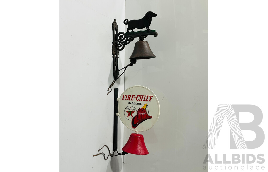 Pair of Cast Iron Reproduction Wall Mounted Bells Including Fire-chilli Gasoline Bell and Dog Themed Bell