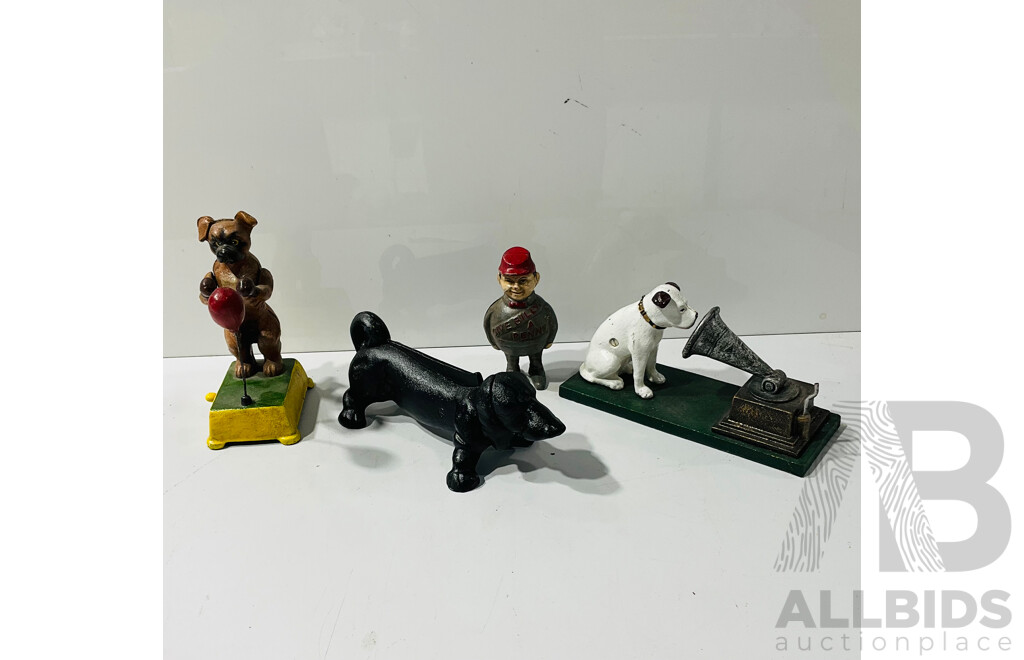 Collection of Cast Iron Reproduction Figures Including Boxing Dog, “give Billy a Penny” Money Bank and More