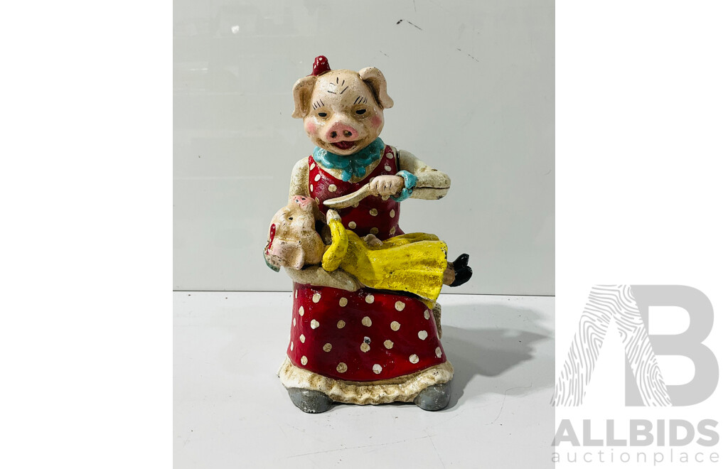 Painted Cast Iron Mechanical Statue of a Pig Feeding Her Child