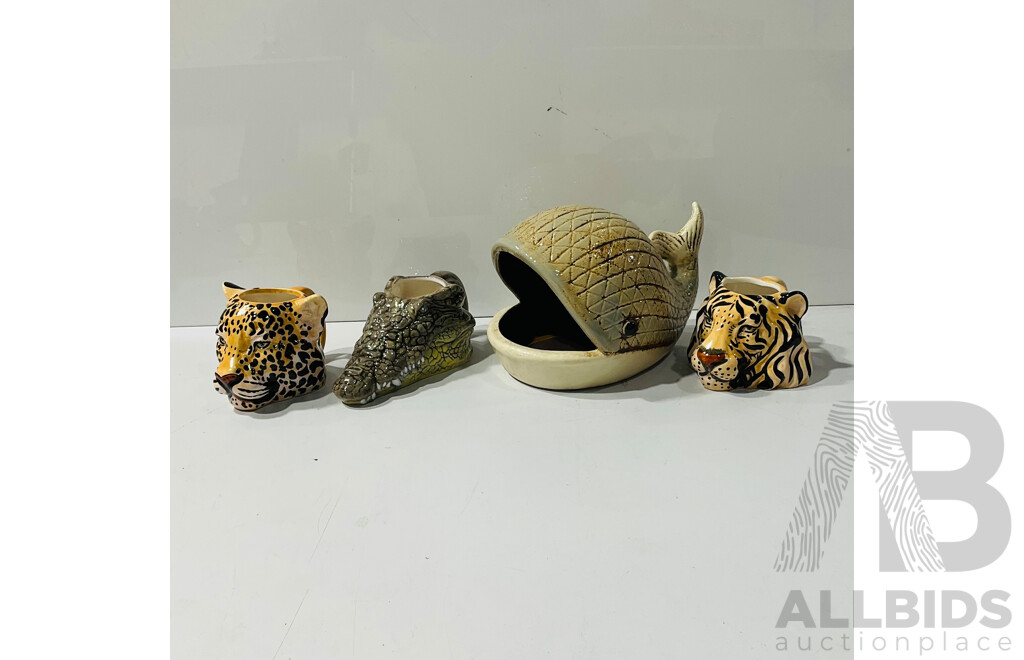 Collection of Ceramic Reproduction Animal Mugs and Ceramic Whale Planter