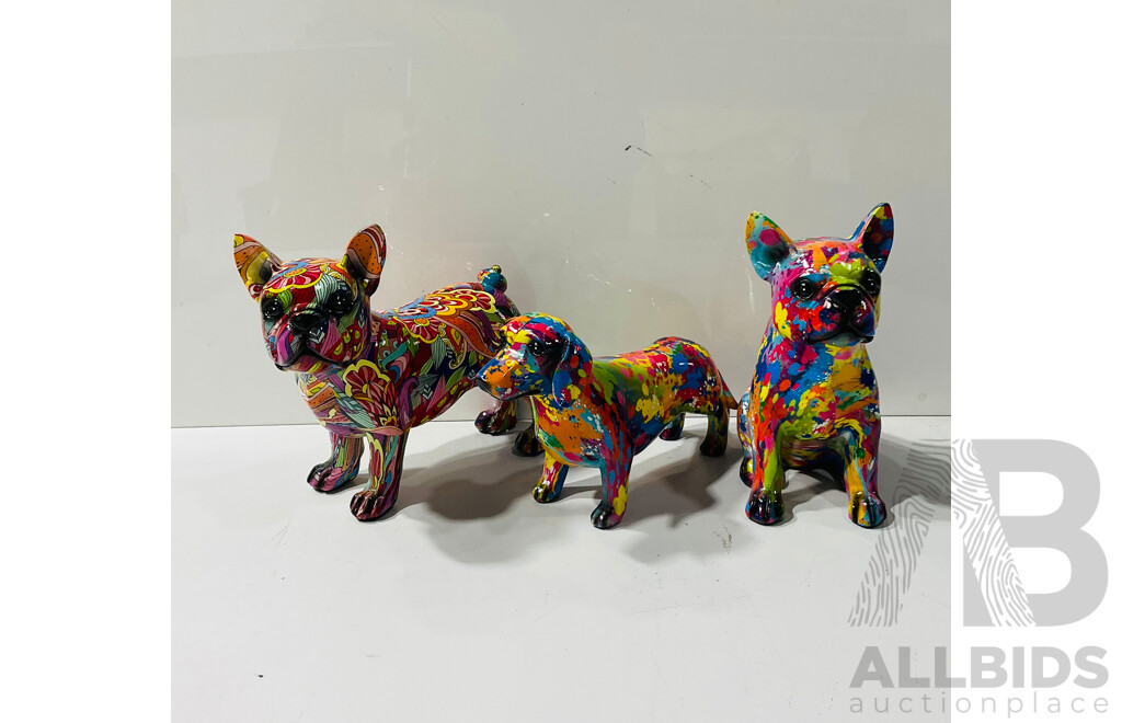 Collection of Three Composite Dog Statues with Interesting Patterns