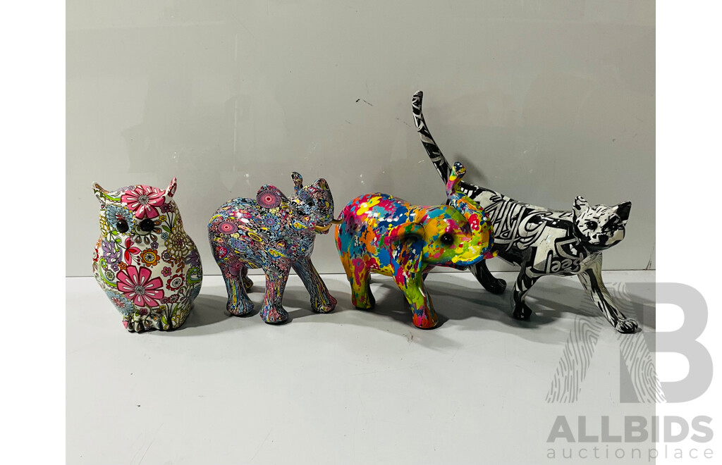 Collection of Composite Animal Statues with Interesting Patterns Including Including Monochrome Patterned Cat and Elephant Money Box