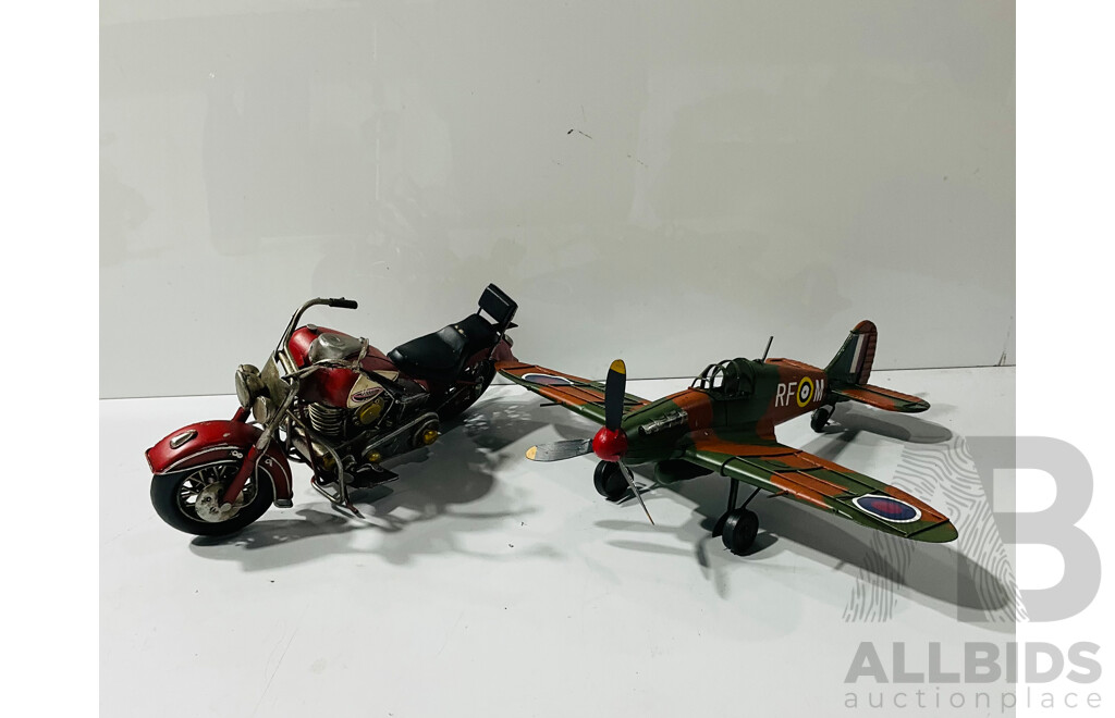 Pair of Metal Hand-painted Reproduction Display Models of WWII Era-fighter and Soft-tail Motorcycle