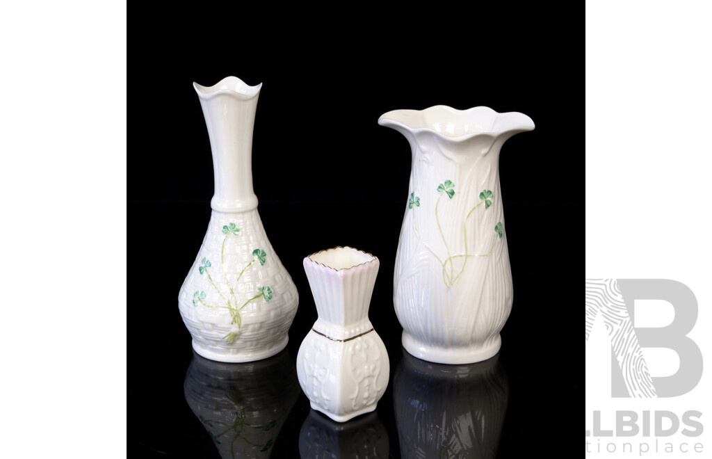 Collection Three Irish Belleek Porcelain Vases Including Two in Clover Design