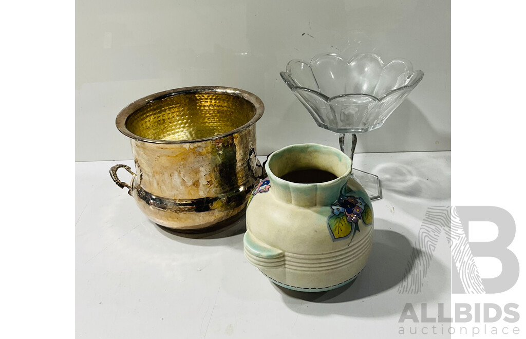 Collection of Decorative Items Including Ceramic Vase with Flower Design, Metal Dish and Raised Glass Serving Bowl