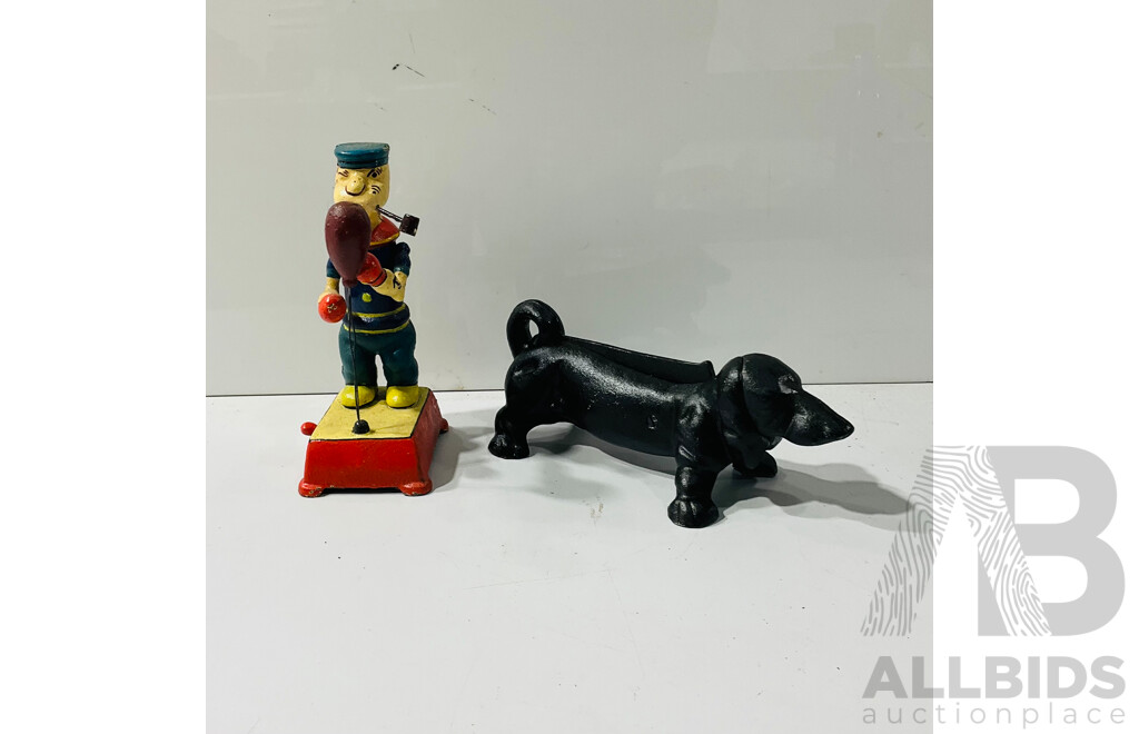 Cast Iron Reproduction Pop-eye Mechanical Boxing Statue and Cast Iron Reproduction Dog Door Stop