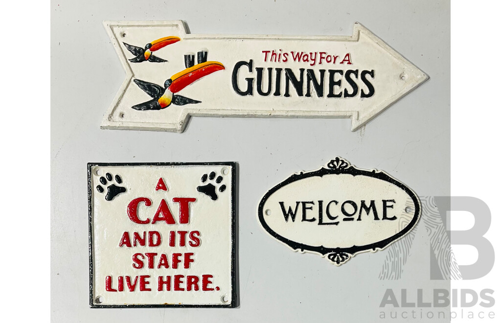 Collection of Three Cast Iron Reproduction Novelty Signs