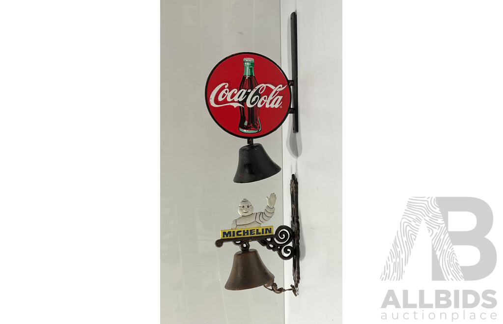 Pair of Cast Iron Reproduction Coca-cola and Michelin Tires Wall Mounted Bells