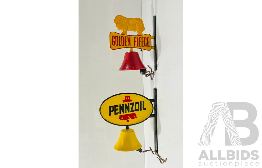 Pair of Cast Iron Reproduction Golden Fleece and Pennzoil Wall Mounted Bells