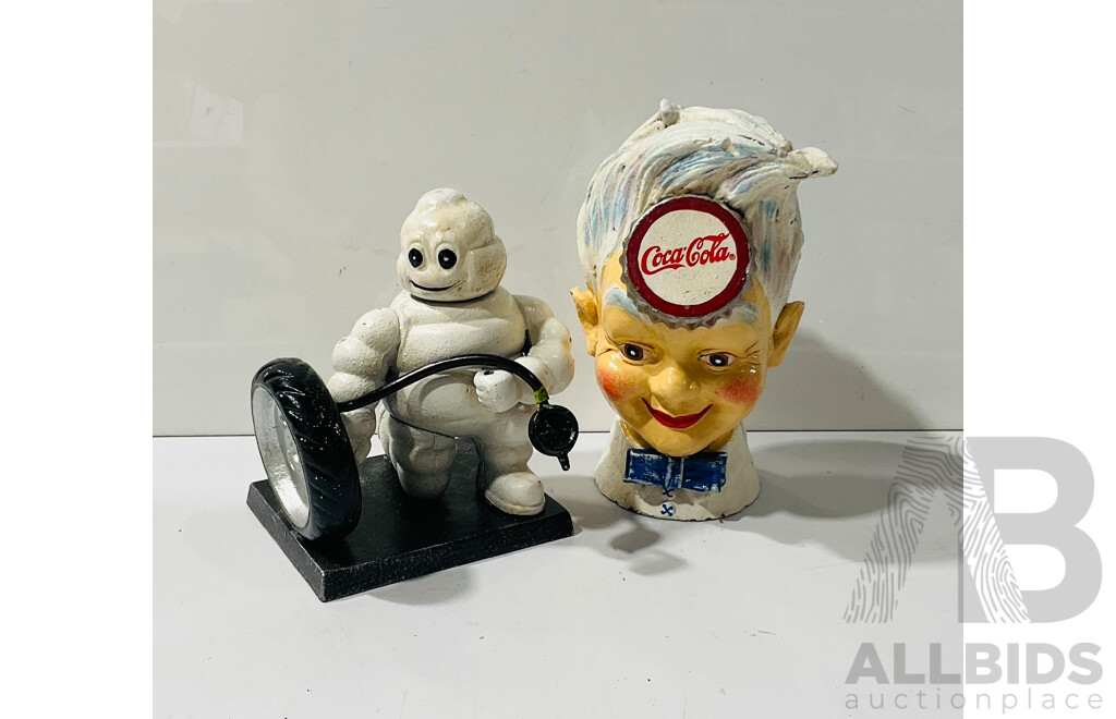 Pair of Novelty Cast Iron Reproduction Figures Including Michelin Man Statue and Coca-cola Moneybox