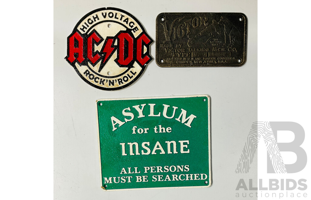 Collection of Collection of Three Cast Iron-reproduction Wall Signs Including Shell Including AC/DC and More