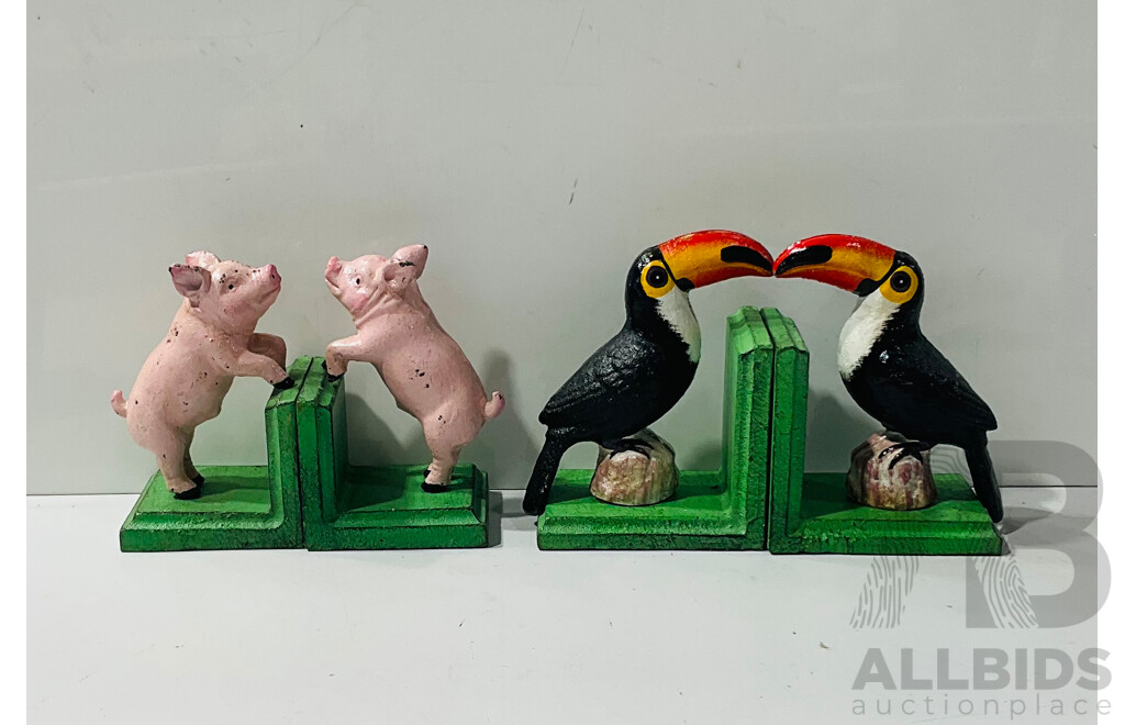 Cast Iron Painted Pig Bookend and Toucan Bookend