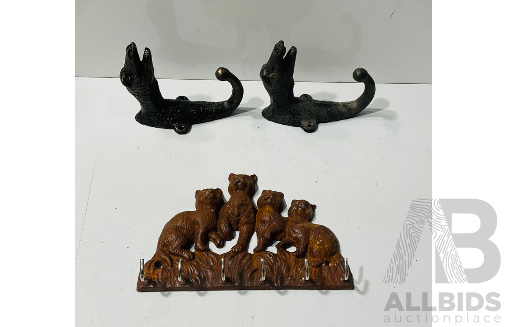 Pair of Cast Iron Dinosaur Themed Coat Hooks and Cat Coat Hook