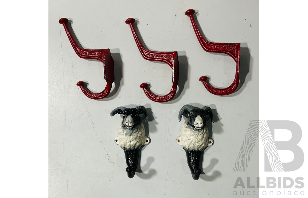 Collection of Five Cast Iron Coat Hooks Including Two Ram Form Hooks