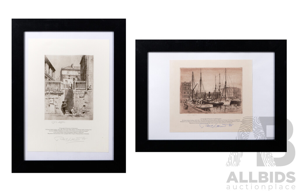 Sir Lionel Lindsay, (Australian, 1874-1961), The Little Pool and Customs House, Melbourne, and Steps of the Sailor's Return, The Rocks Sydney, Giclée Limited Edition Prints of the Original Etchings From 1914 and 1912..