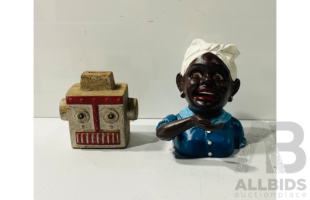 Pair of Cast Iron Painted Reproduction Money Boxes Including Hubley Robot Head and Other with Mechanical Function