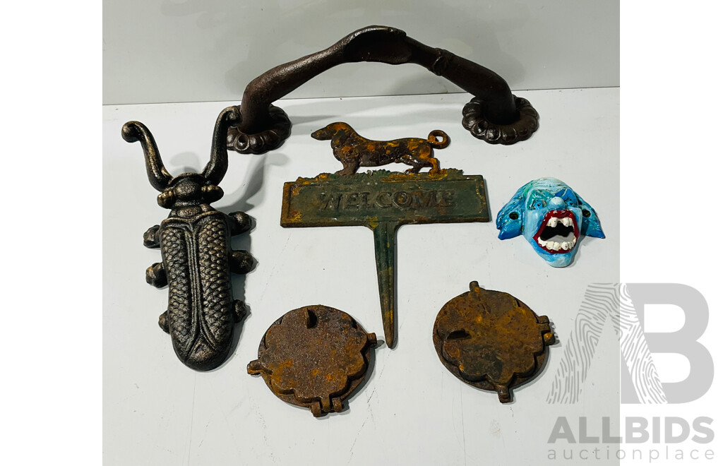 Collection of Cast Iron Decorator Items Including Miniature Waffle Press and More