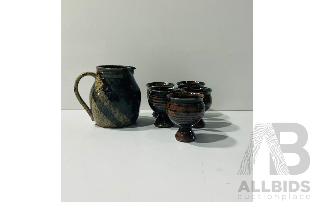 High-fired Studio Pottery Jug and Five Cups