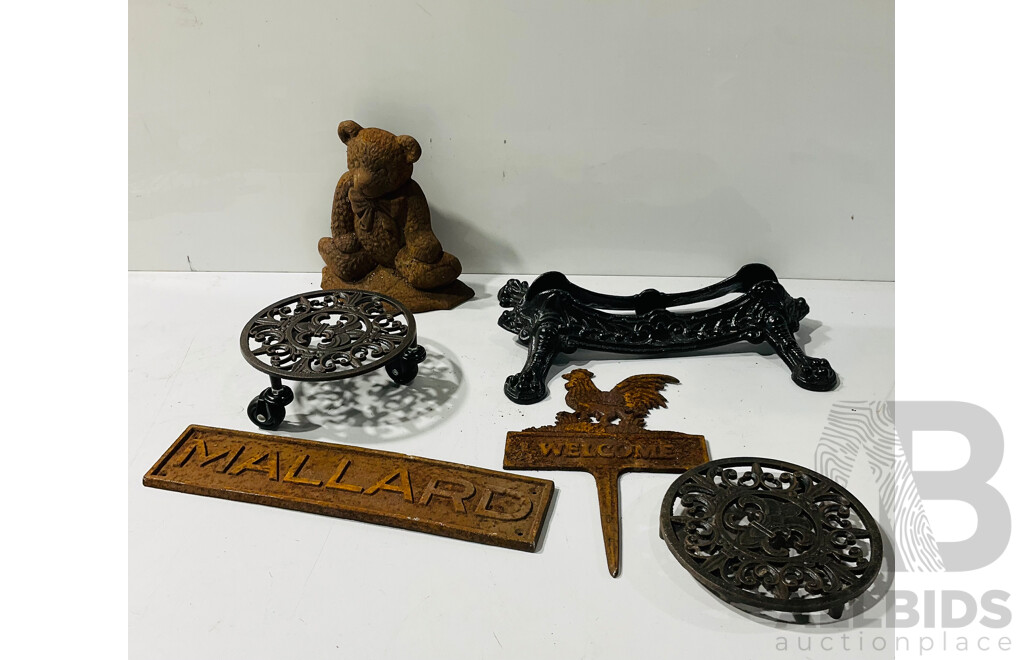 Collection of Cast Iron Decorator Items Including Teddy Bear Door Stop, Rooster Garden Decoration and More