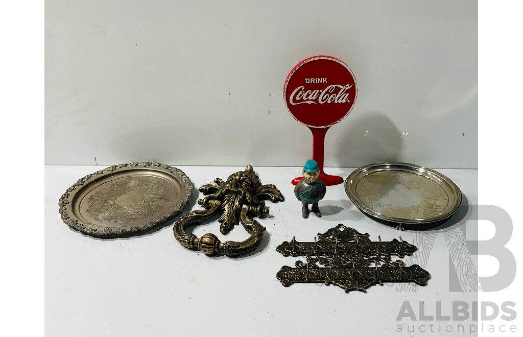 Collection of Cast Iron and Other Decorative Items Including Reproduction Coca-cola Doorstop, Reproduction “give Billy a Penny” Money Box and More