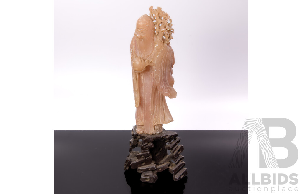Hand Carved Chinese Soft Stone Shou Xing God of Fortune on Wooden Stand