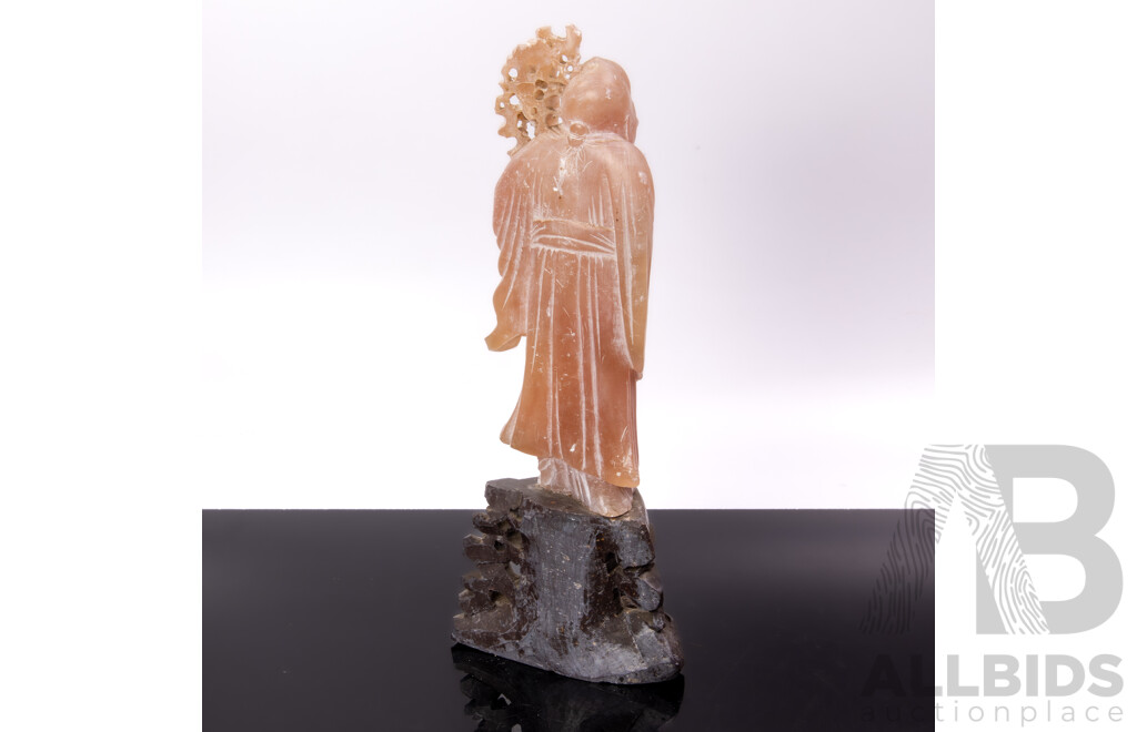 Hand Carved Chinese Soft Stone Shou Xing God of Fortune on Wooden Stand