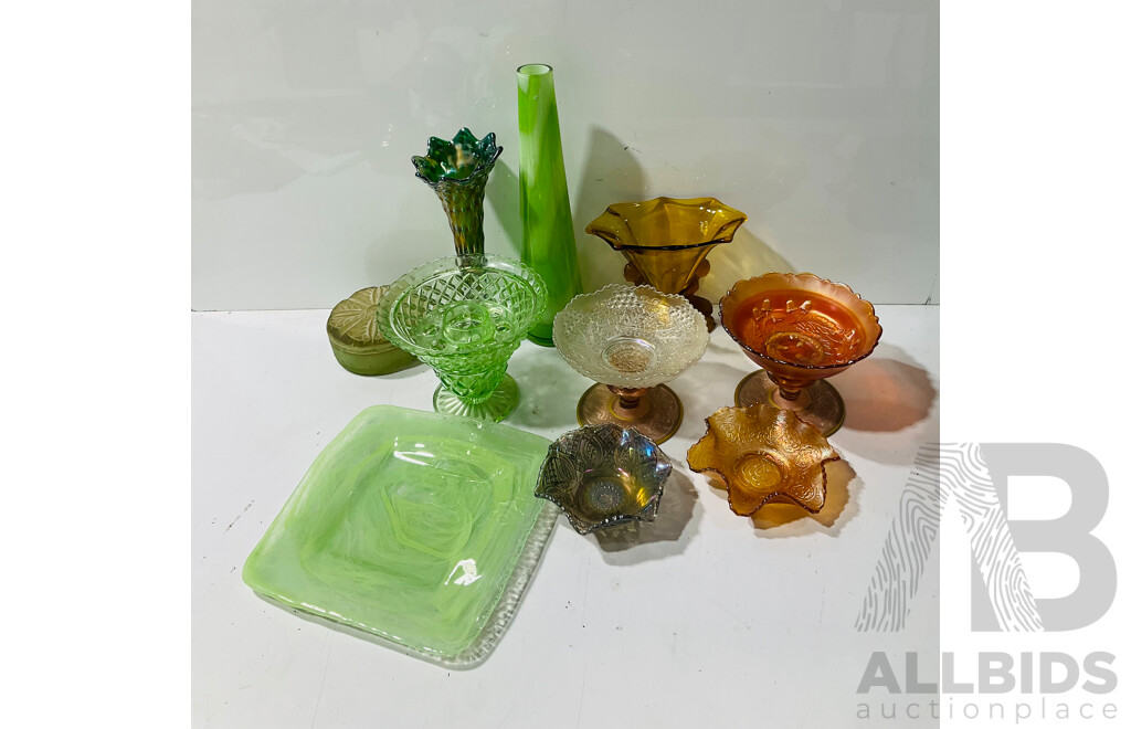 Collection of Interesting Glassware Including Art Glass Platter, Vases of Different Designs and More
