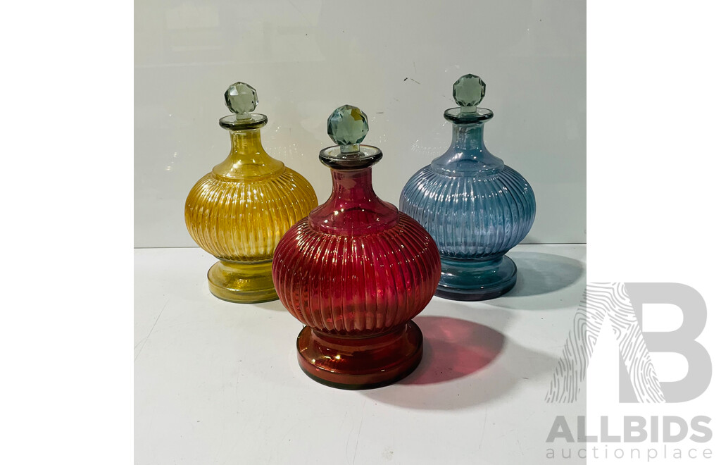 Collection of Three Vintage Luster Urn Decanters with Stoppers
