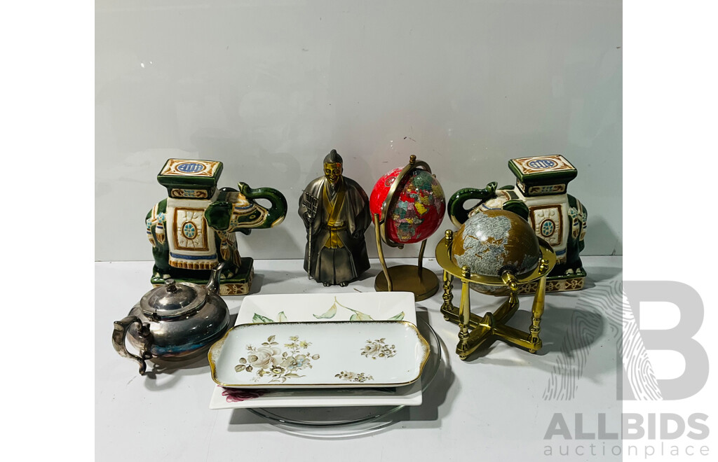Collection of Interesting Souvenir and Homeware Including Two Ceramic Elephants, Silver Plate Teapot and More