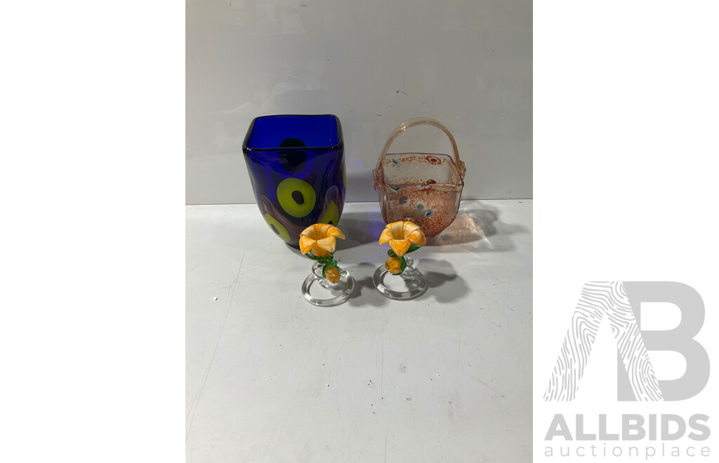 Collection of Glass Decorative Homeware in a Variety of Styles Including Two Vases and Pair of Art Glass Flowers