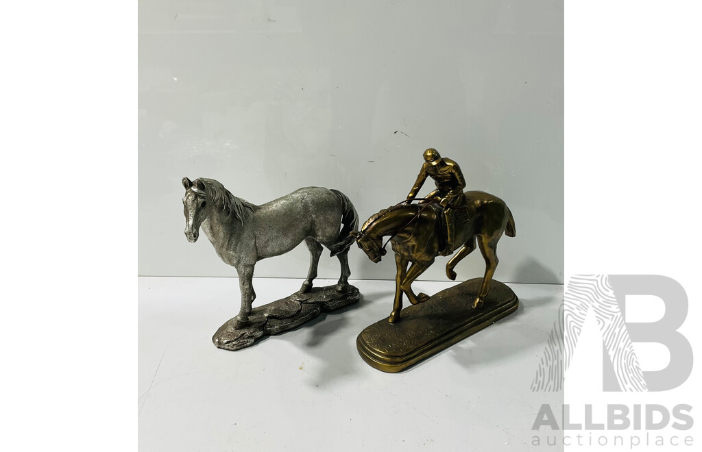Pair of Painted Composite Horse Statues Including One with Jockey