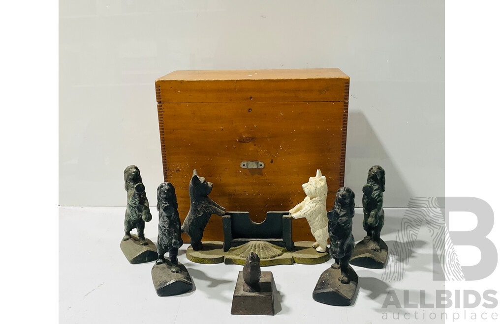 Collection of Cast Iron Door Stops with Dog Designs in Wooden Box