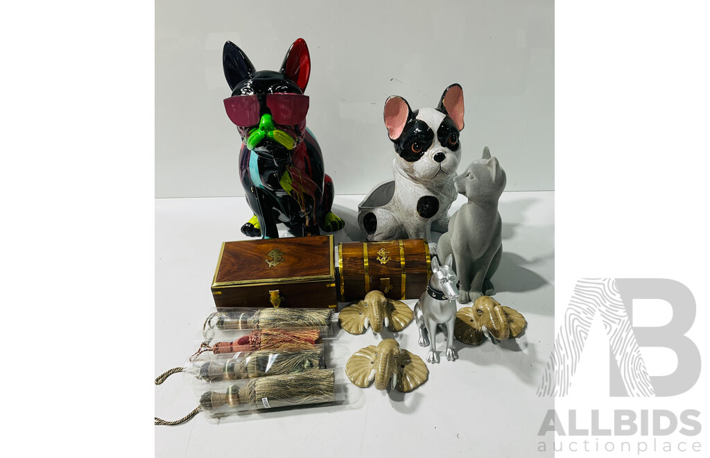 Collection of Decorative Homeware Including Nautical Themed Boxes, Ceramic Elephant Form Wall Hooks, Composite Dog Decorations and More