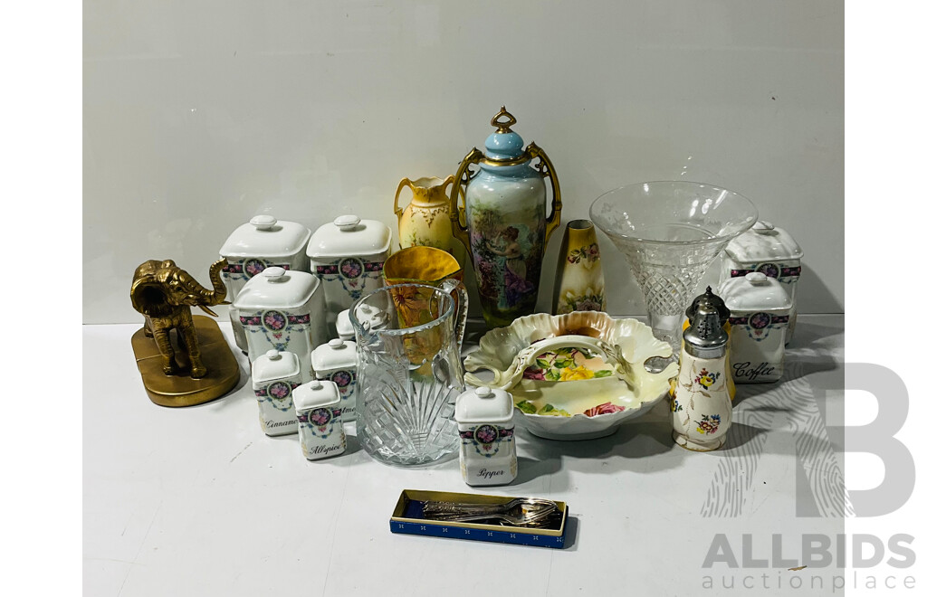 Large Collection of Decorative Homeware Including Ceramic Containers, Brass Painted Elephant Bookend and More