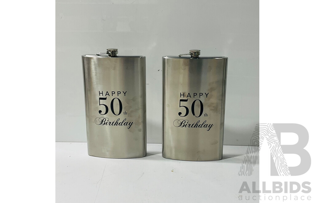 Pair of Large Novelty 50th Birthday Flasks