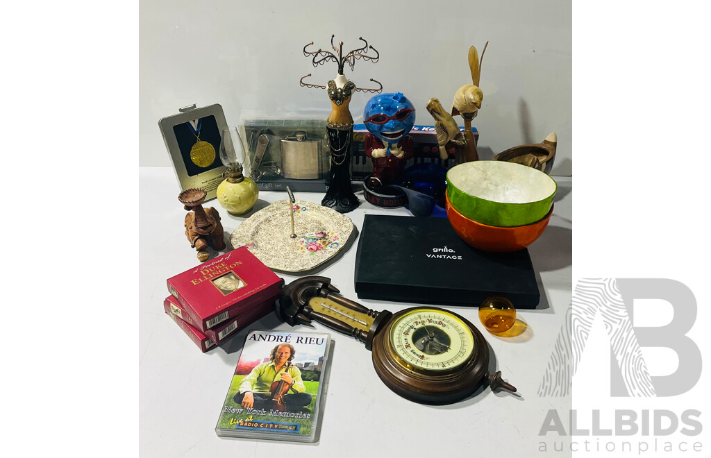 Large Collection of Interesting Decorative Items Including Small Oil Lamp, World’s Greatest Grandad Medal and More