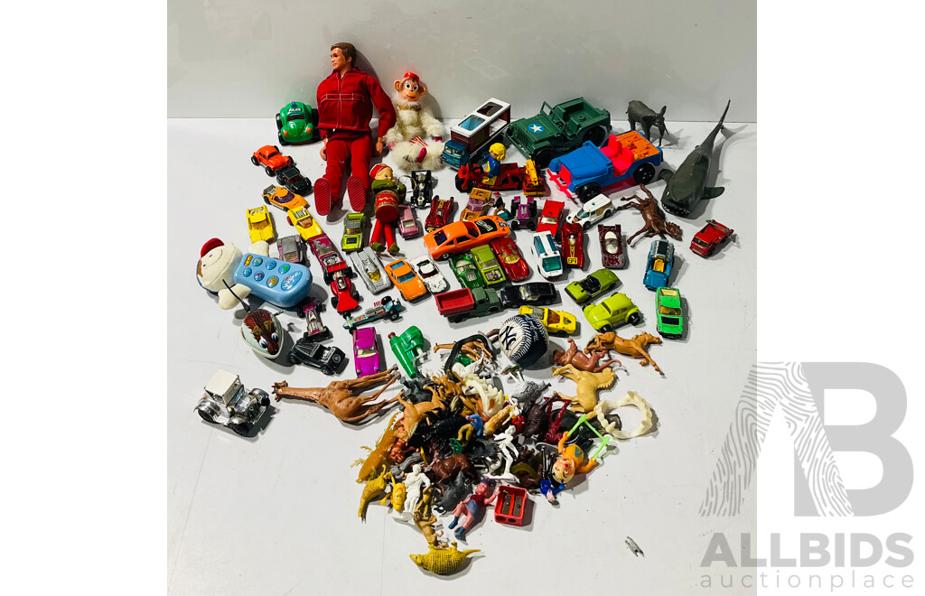 Large Collection of Vintage Toys Including Matchbox Cars, Plastic Animals and More